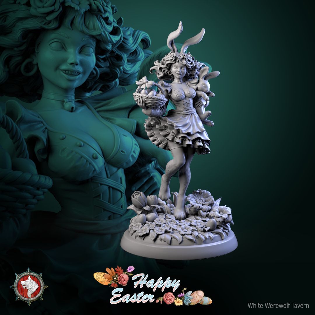 Render of Easter Rabbit | 32-75mm Bunny Girl Pin-Up Miniature: Fantasy female bunny pin-up with egg basket and shoulder rabbit, from White Werewolf's Easter release. 32-75mm 3D printed resin miniature.