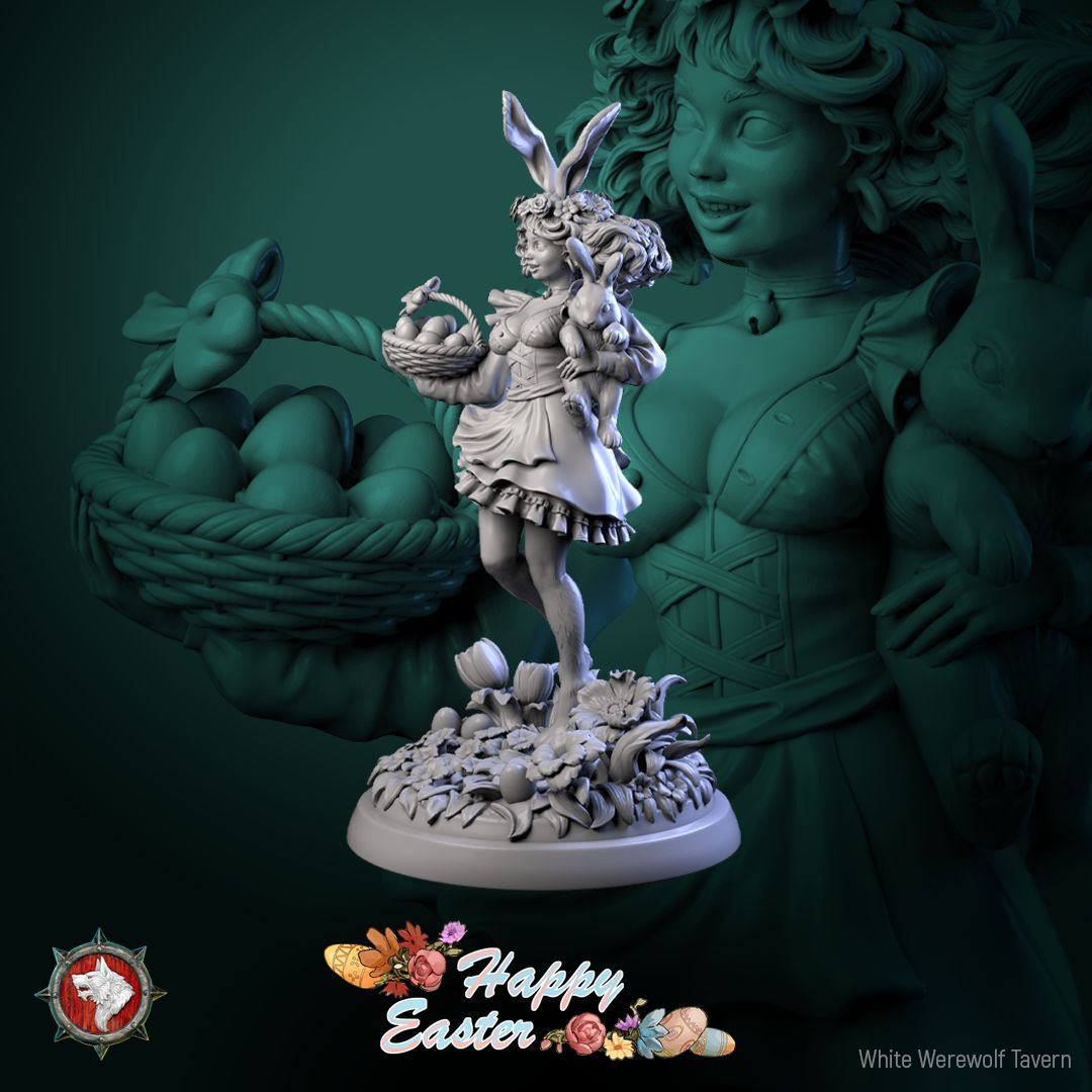 Render of Easter Rabbit | 32-75mm Bunny Girl Pin-Up Miniature: Fantasy female bunny pin-up with egg basket and shoulder rabbit, from White Werewolf's Easter release. 32-75mm 3D printed resin miniature.