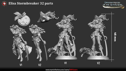 Render of Elisa Stormbreaker | 32-75mm Female Pirate Captain Miniature: Female pirate captain with plumed skull tricorn, shoulder monkey, and sword, from White Werewolf's Swashbucklers of the Seven Seas. 32-75mm printed resin.