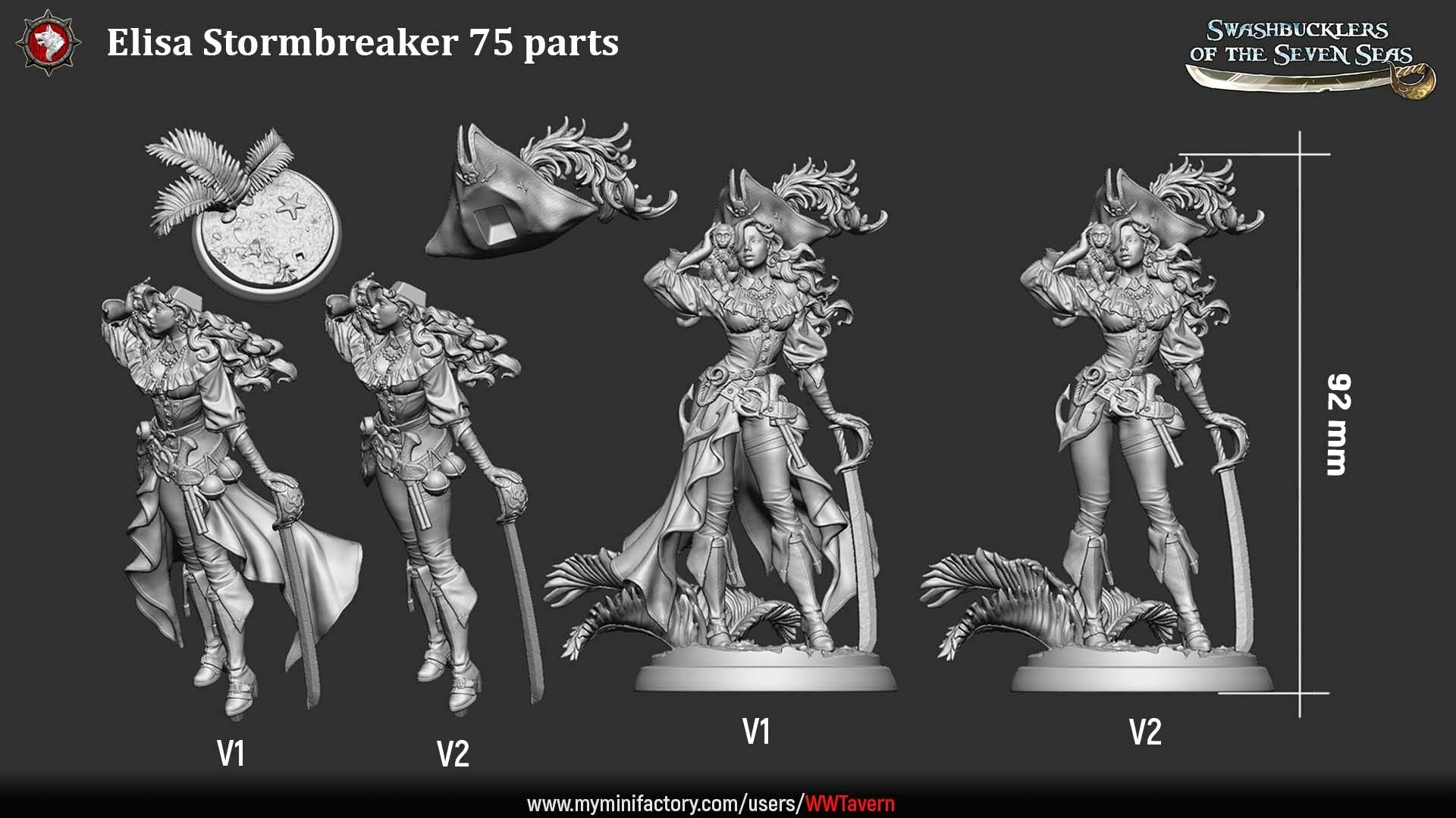 Render of Elisa Stormbreaker | 32-75mm Female Pirate Captain Miniature: Female pirate captain with plumed skull tricorn, shoulder monkey, and sword, from White Werewolf's Swashbucklers of the Seven Seas. 32-75mm printed resin.