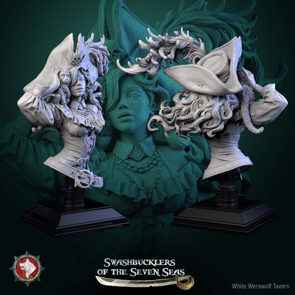 Render of Elisa Stormbreaker Bust | Female Pirate Collector Bust: Female pirate captain bust with plumed skull tricorn and shoulder monkey, from White Werewolf's Swashbucklers of the Seven Seas. 3D printed resin bust.