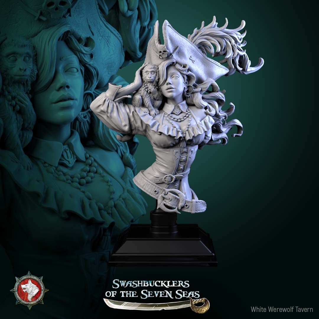 Render of Elisa Stormbreaker Bust | Female Pirate Collector Bust: Female pirate captain bust with plumed skull tricorn and shoulder monkey, from White Werewolf's Swashbucklers of the Seven Seas. 3D printed resin bust.