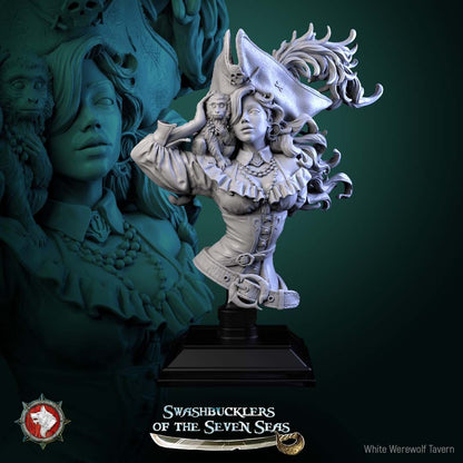 Render of Elisa Stormbreaker Bust | Female Pirate Collector Bust: Female pirate captain bust with plumed skull tricorn and shoulder monkey, from White Werewolf's Swashbucklers of the Seven Seas. 3D printed resin bust.