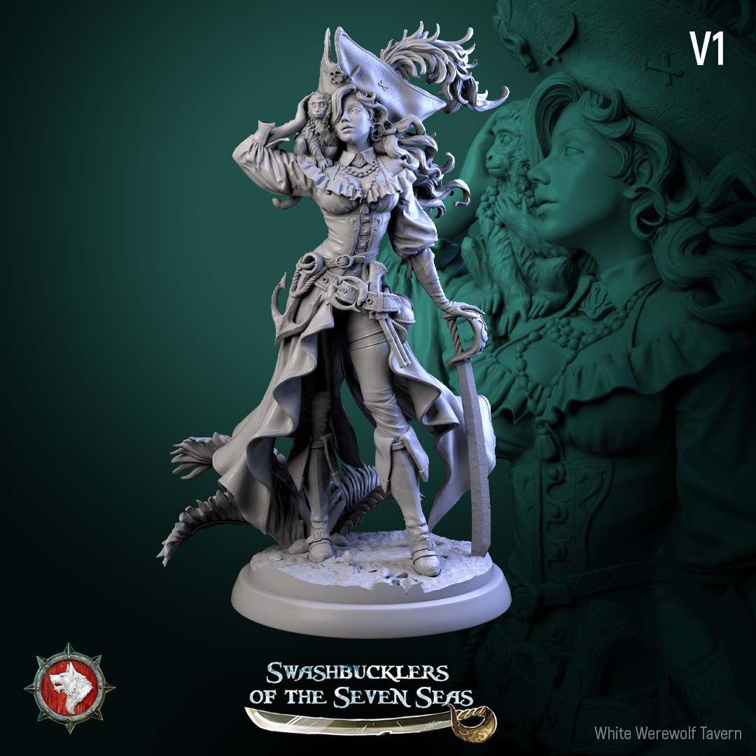 Render of Elisa Stormbreaker | 32-75mm Female Pirate Captain Miniature: Female pirate captain with plumed skull tricorn, shoulder monkey, and sword, from White Werewolf's Swashbucklers of the Seven Seas. 32-75mm printed resin.