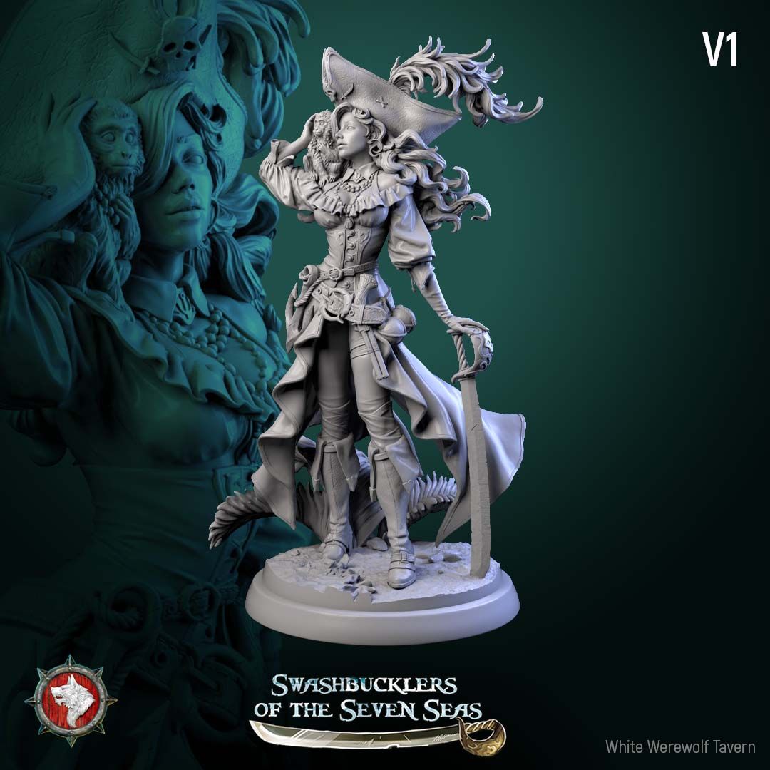 Render of Elisa Stormbreaker | 32-75mm Female Pirate Captain Miniature: Female pirate captain with plumed skull tricorn, shoulder monkey, and sword, from White Werewolf's Swashbucklers of the Seven Seas. 32-75mm printed resin.