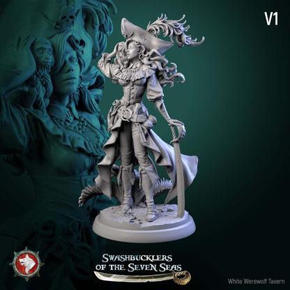 Render of Elisa Stormbreaker | 32-75mm Female Pirate Captain Miniature: Female pirate captain with plumed skull tricorn, shoulder monkey, and sword, from White Werewolf's Swashbucklers of the Seven Seas. 32-75mm printed resin.
