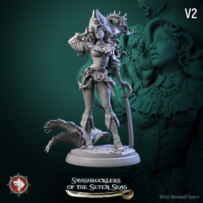 Render of Elisa Stormbreaker | 32-75mm Female Pirate Captain Miniature: Female pirate captain with plumed skull tricorn, shoulder monkey, and sword, from White Werewolf's Swashbucklers of the Seven Seas. 32-75mm printed resin.