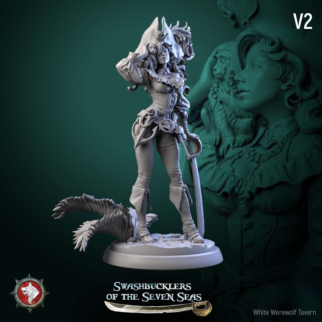 Render of Elisa Stormbreaker | 32-75mm Female Pirate Captain Miniature: Female pirate captain with plumed skull tricorn, shoulder monkey, and sword, from White Werewolf's Swashbucklers of the Seven Seas. 32-75mm printed resin.