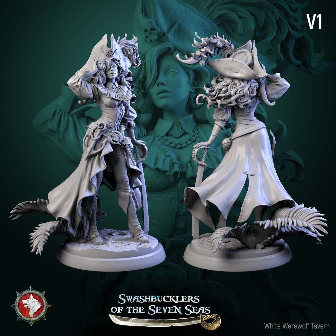 Render of Elisa Stormbreaker | 32-75mm Female Pirate Captain Miniature: Female pirate captain with plumed skull tricorn, shoulder monkey, and sword, from White Werewolf's Swashbucklers of the Seven Seas. 32-75mm printed resin.