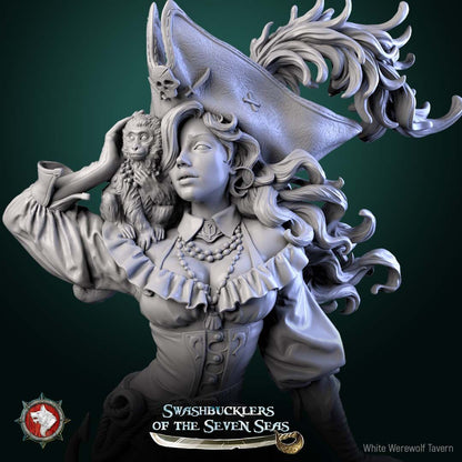 Render of Elisa Stormbreaker | 32-75mm Female Pirate Captain Miniature: Female pirate captain with plumed skull tricorn, shoulder monkey, and sword, from White Werewolf's Swashbucklers of the Seven Seas. 32-75mm printed resin.