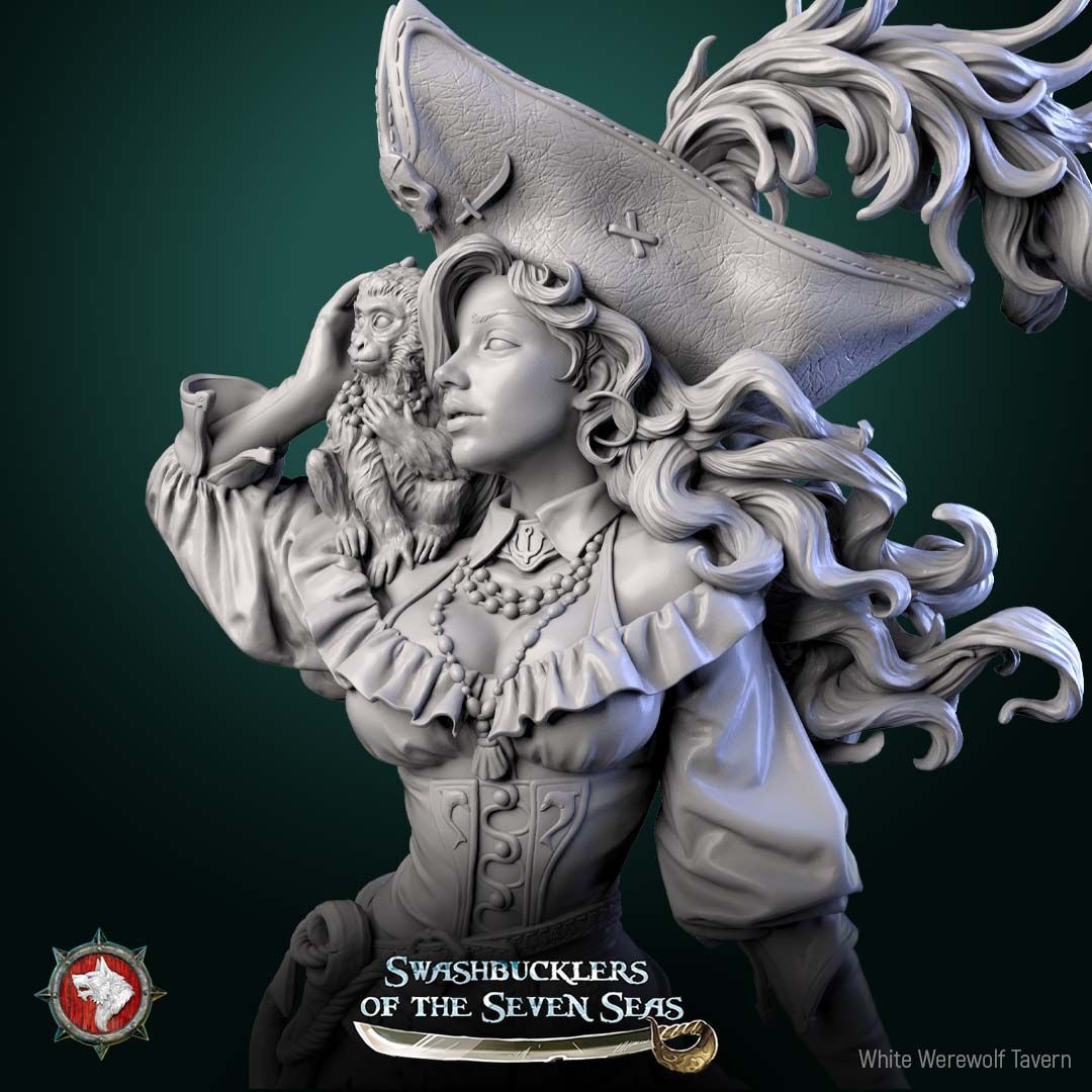 Render of Elisa Stormbreaker | 32-75mm Female Pirate Captain Miniature: Female pirate captain with plumed skull tricorn, shoulder monkey, and sword, from White Werewolf's Swashbucklers of the Seven Seas. 32-75mm printed resin.