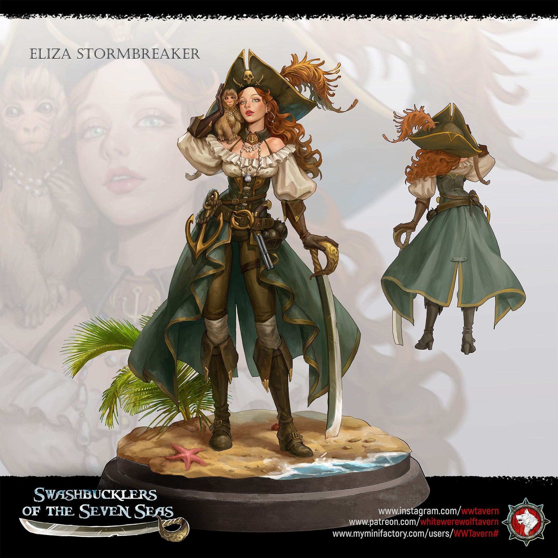 Render of Elisa Stormbreaker Bust | Female Pirate Collector Bust: Female pirate captain bust with plumed skull tricorn and shoulder monkey, from White Werewolf's Swashbucklers of the Seven Seas. 3D printed resin bust.