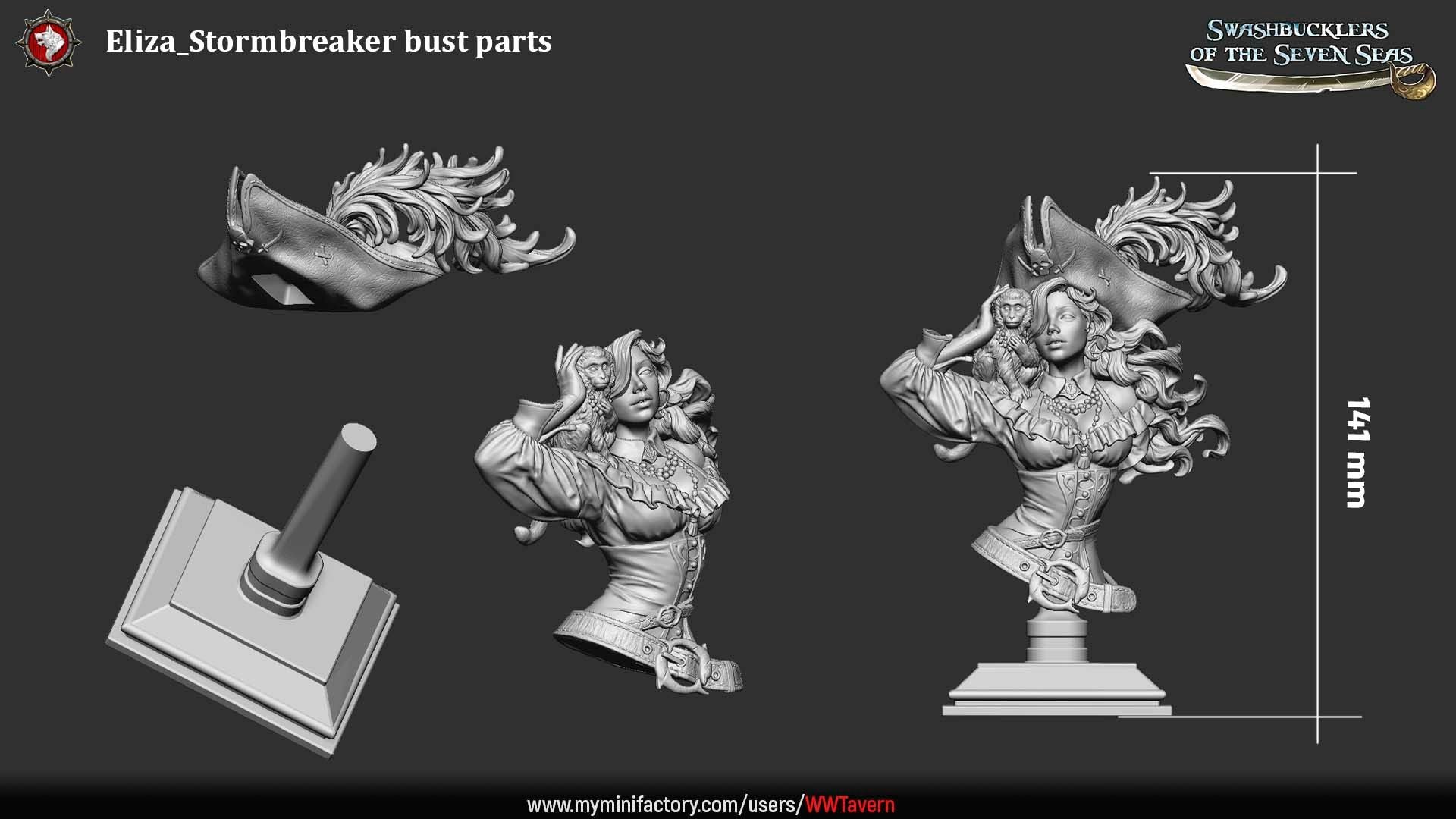 Render of Elisa Stormbreaker Bust | Female Pirate Collector Bust: Female pirate captain bust with plumed skull tricorn and shoulder monkey, from White Werewolf's Swashbucklers of the Seven Seas. 3D printed resin bust.