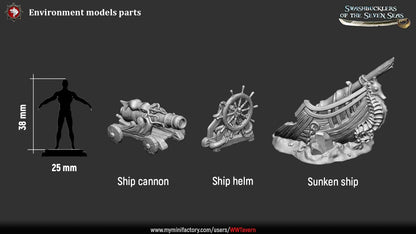 Render of Sunken Ship | 32mm Shipwreck Terrain Piece: Wrecked boat with seahorse figurehead, broken mast, and skull on a sand bank, from White Werewolf's Swashbucklers of the Seven Seas. 32mm resin terrain.