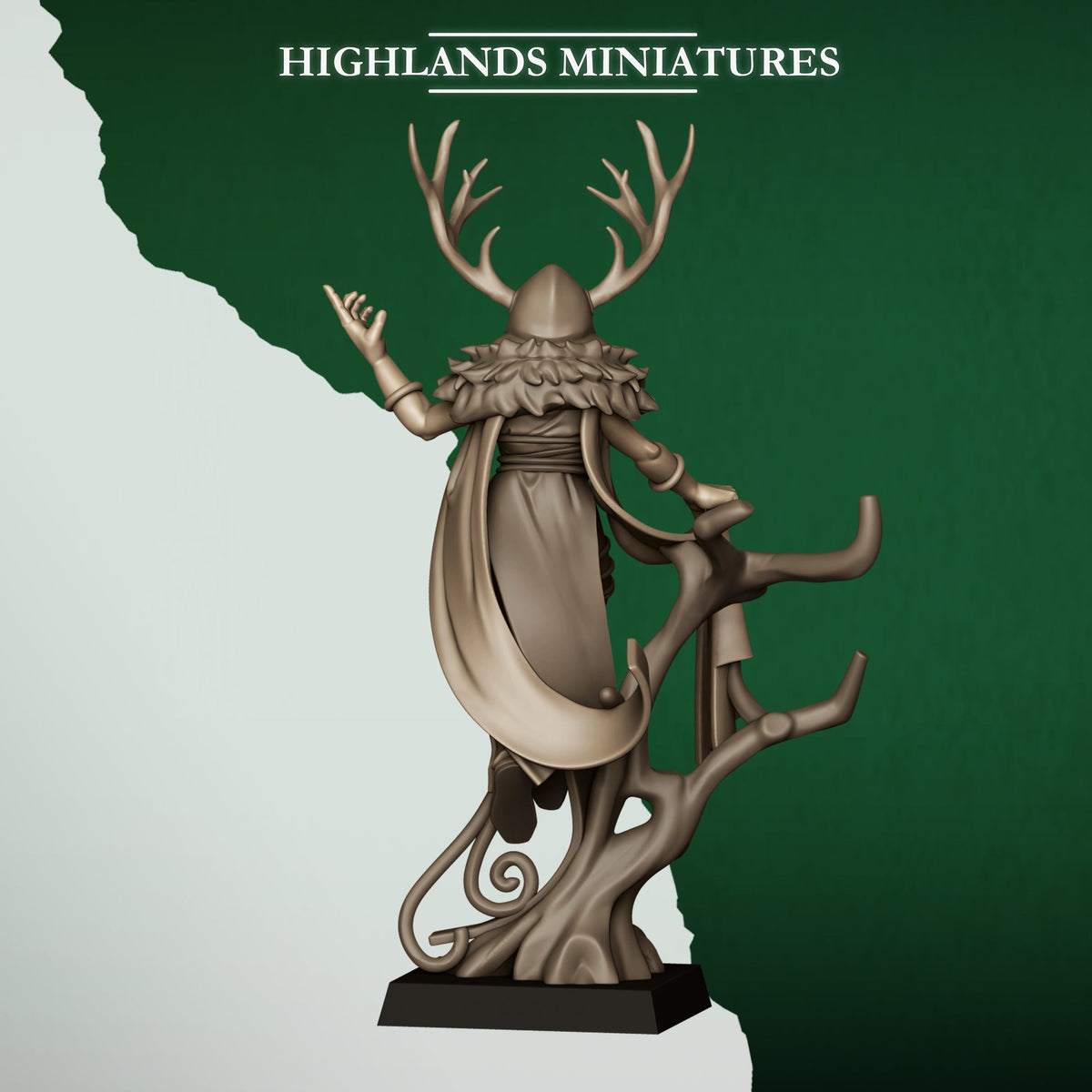 Female Druid, rear view showing the cloak and tree, Highlands Miniatures render