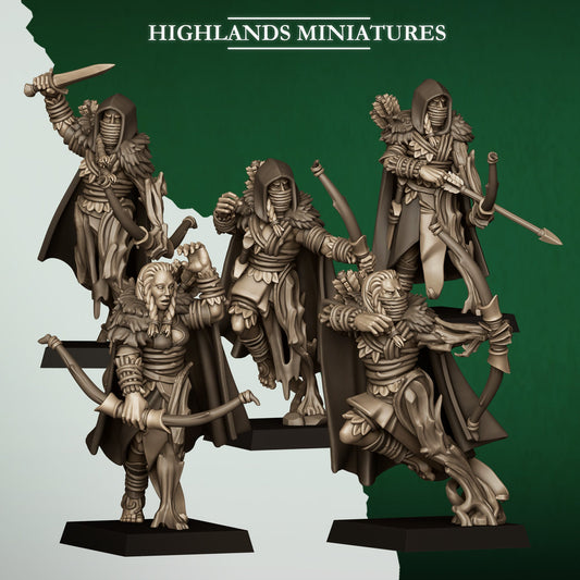 Feral Scouts, all five wood elf scouts as a unit, front view, Highlands Miniatures render