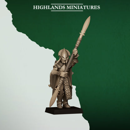 Feral Spearmen Model 1, wood elf spearman with long spear, Highlands Miniatures render
