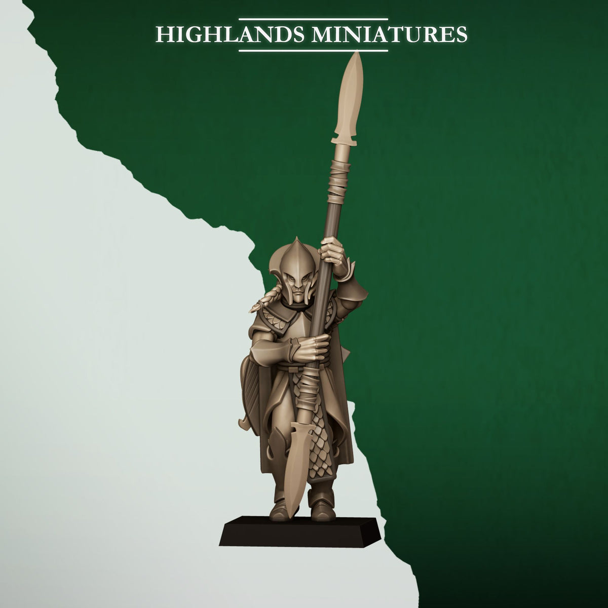Feral Spearmen Model 2, wood elf spearman with long spear, Highlands Miniatures render