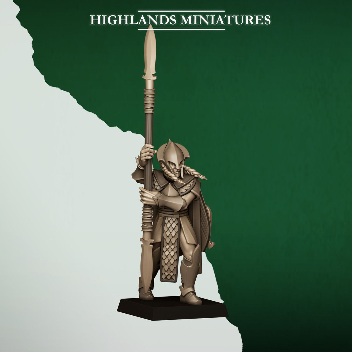 Feral Spearmen Model 3, wood elf spearman with long spear, Highlands Miniatures render