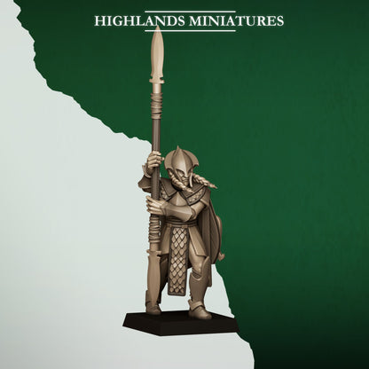 Feral Spearmen Model 3, wood elf spearman with long spear, Highlands Miniatures render