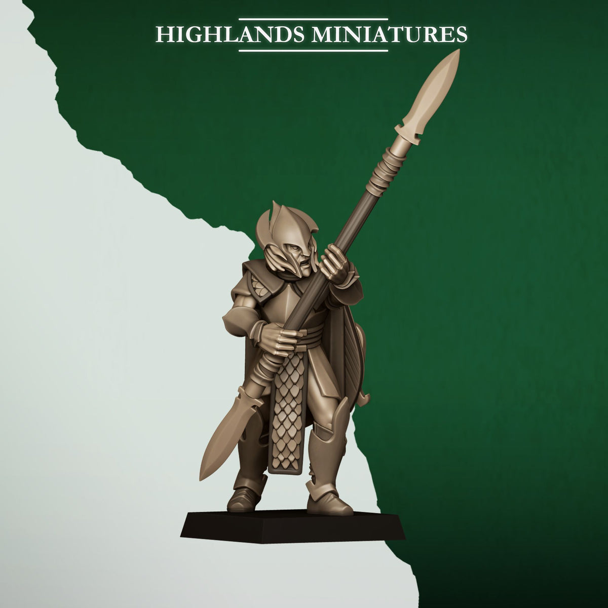 Feral Spearmen Model 4, wood elf spearman with long spear, Highlands Miniatures render
