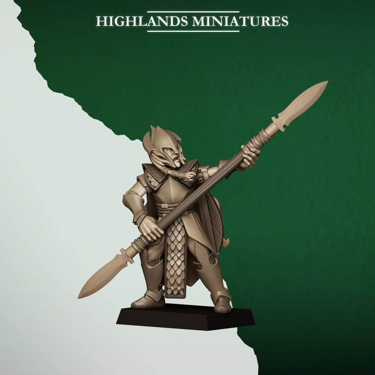Feral Spearmen Model 5, wood elf spearman with long spear, Highlands Miniatures render