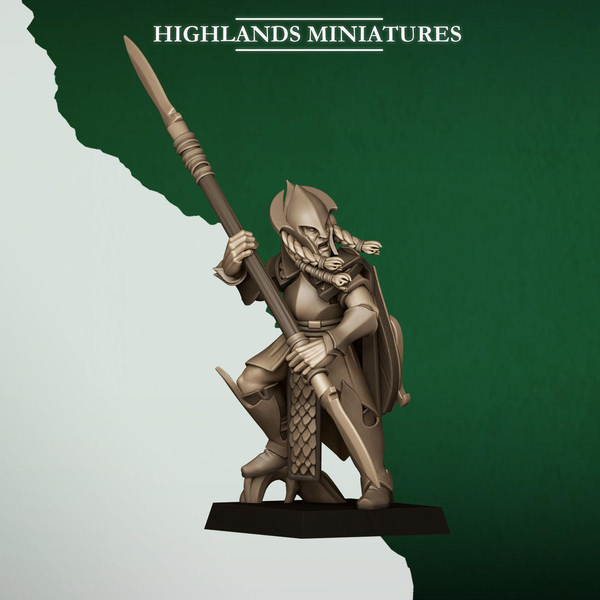 Feral Spearmen Model 6, wood elf spearman with long spear, Highlands Miniatures render