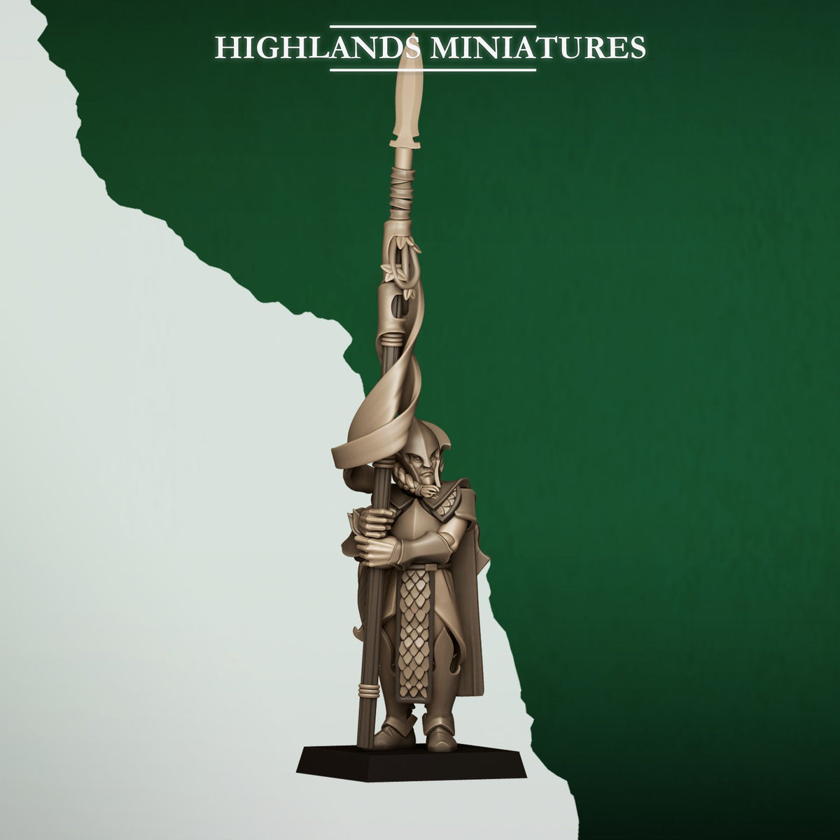 Feral Spearmen Bannerman, wood elf standard bearer with the unit banner, Highlands Miniatures render