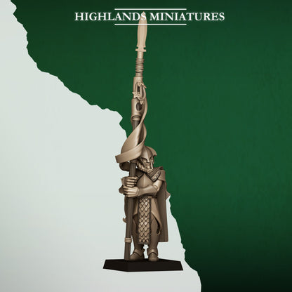 Feral Spearmen Bannerman, wood elf standard bearer with the unit banner, Highlands Miniatures render