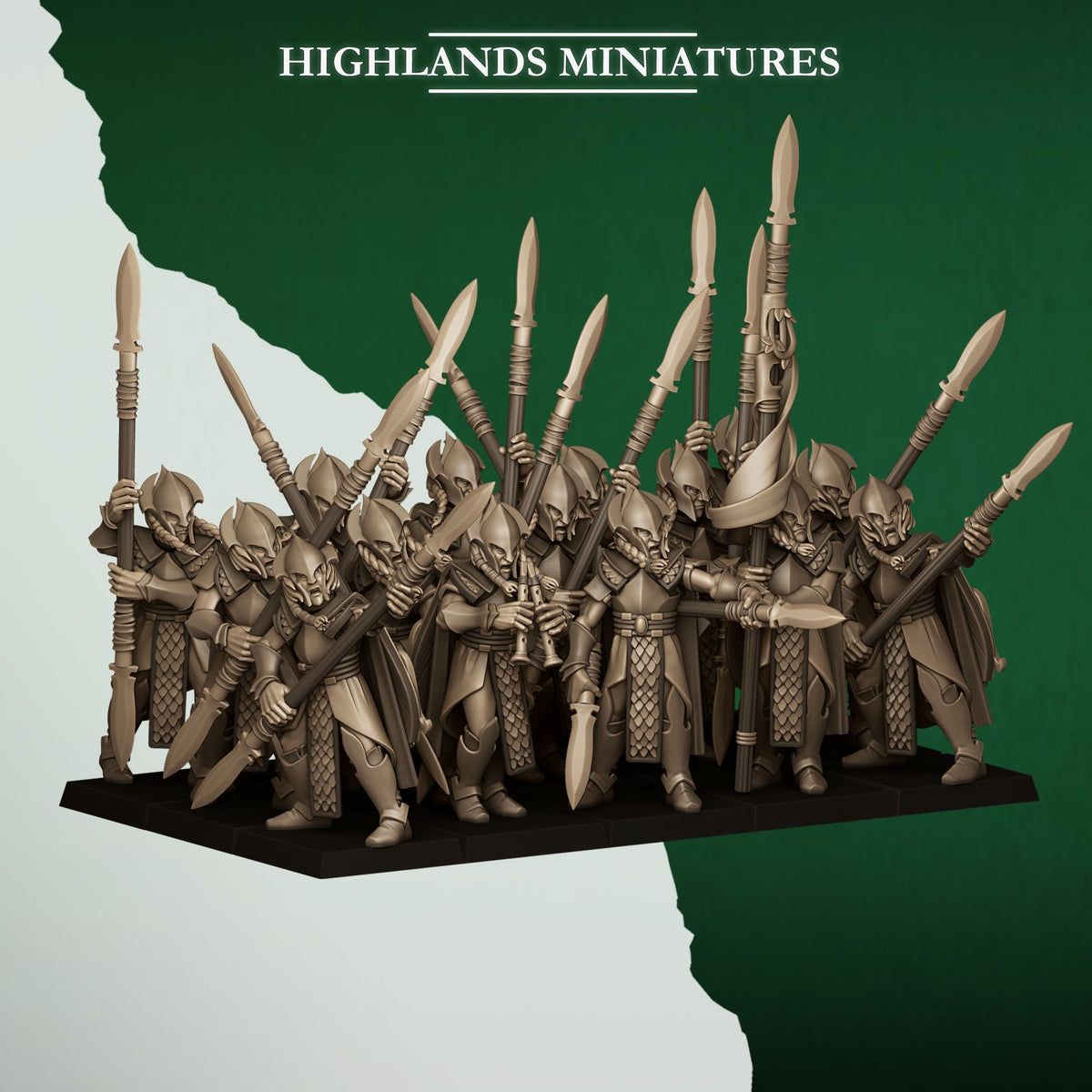 Feral Spearmen unit with command, three-quarter view, Highlands Miniatures render