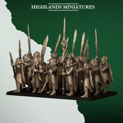 Feral Spearmen, the full wood elf spear unit ranked with captain, bannerman and musician, front view, Highlands Miniatures render