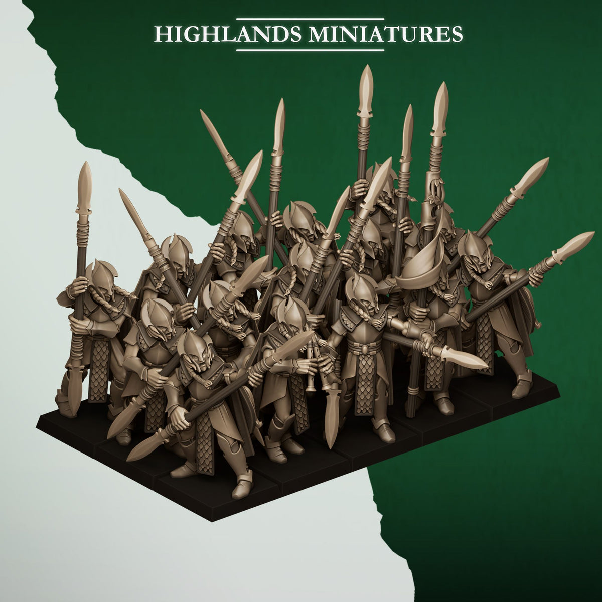 Feral Spearmen unit with command, second three-quarter view, Highlands Miniatures render