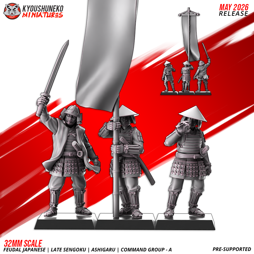 Ashigaru command group version A: captain, bannerman and musician, by Kyoushuneko