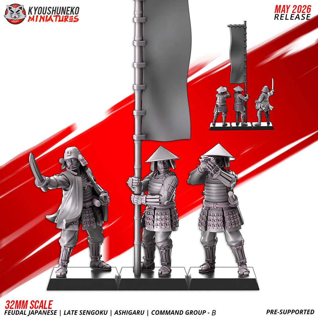 Ashigaru command group version B: captain, bannerman and musician, by Kyoushuneko