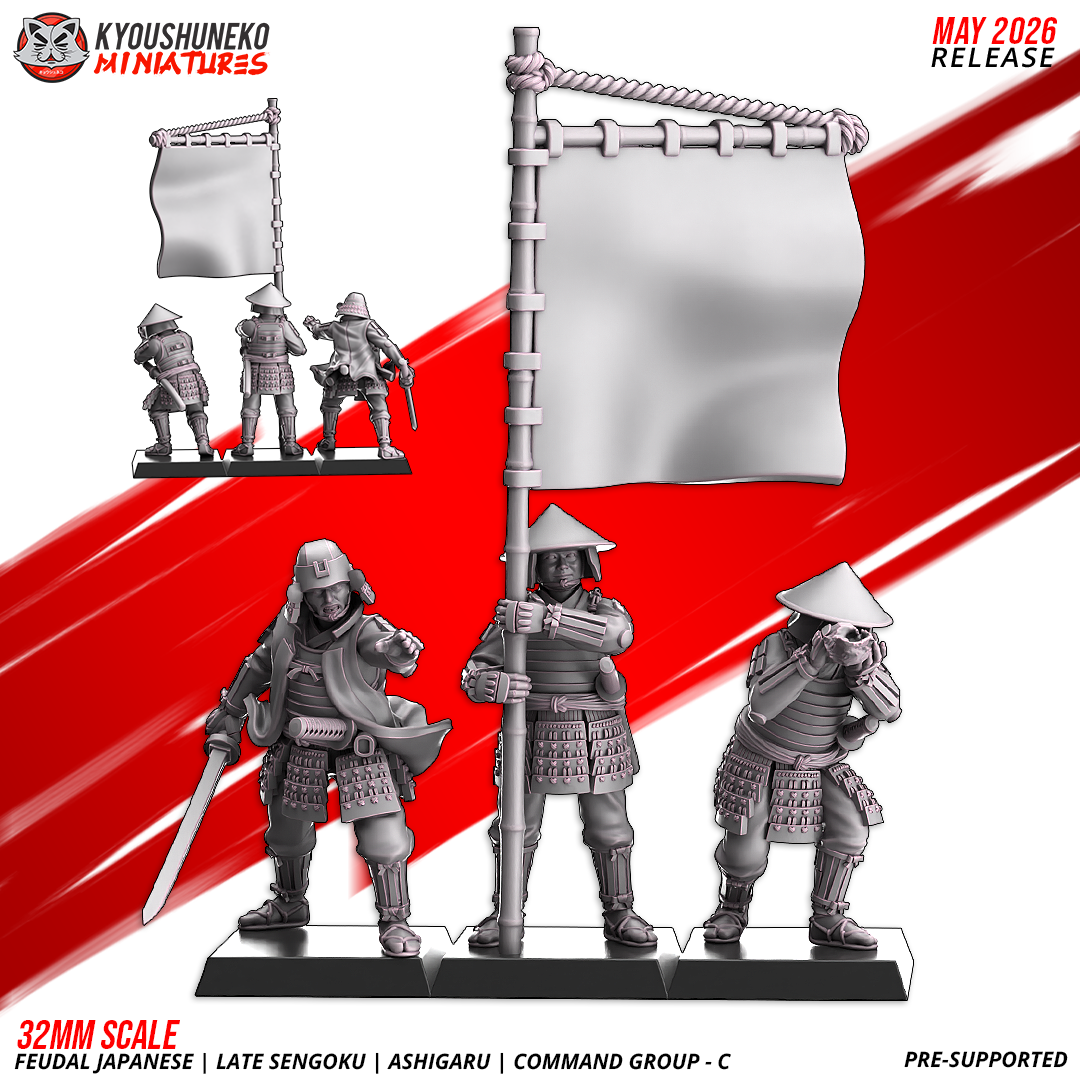 Ashigaru command group version C: captain, bannerman and musician, by Kyoushuneko