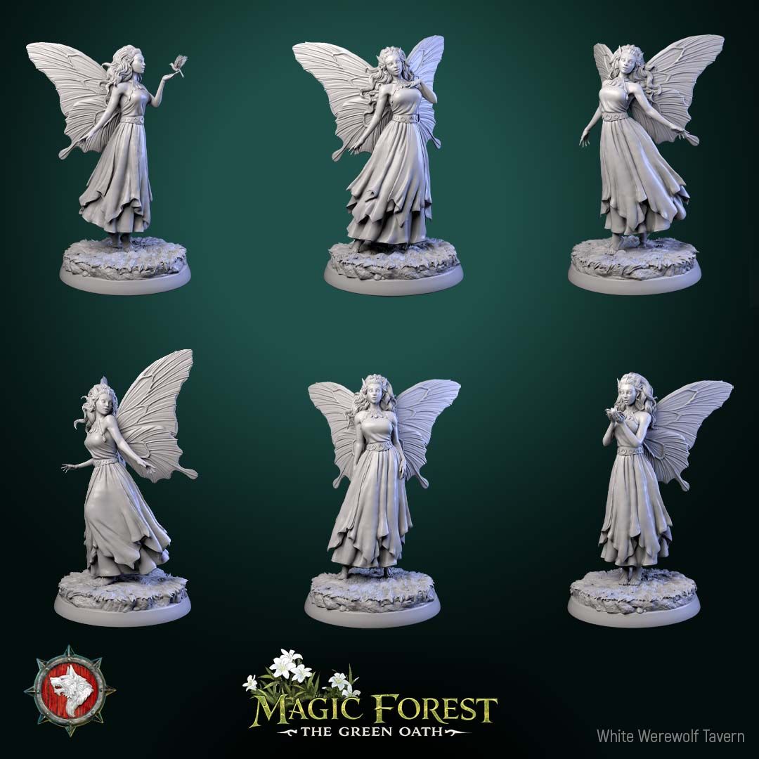 Render of Fairies | 32mm Fantasy Fey Miniatures | White Werewolf: Six butterfly-winged fairies in flowing dresses on meadow rounds, from White Werewolf's Magic Forest: The Green Oath. 32mm 3D printed resin, single or set.
