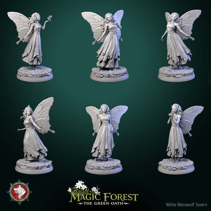 Render of Fairies | 32mm Fantasy Fey Miniatures | White Werewolf: Six butterfly-winged fairies in flowing dresses on meadow rounds, from White Werewolf's Magic Forest: The Green Oath. 32mm 3D printed resin, single or set.