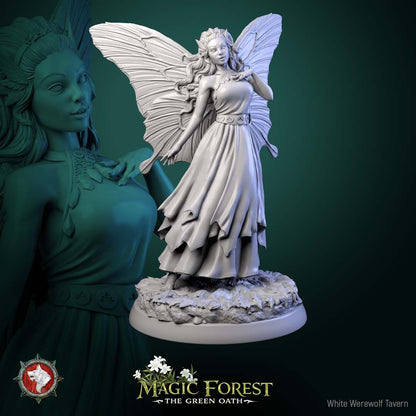 Render of Fairies | 32mm Fantasy Fey Miniatures | White Werewolf: Six butterfly-winged fairies in flowing dresses on meadow rounds, from White Werewolf's Magic Forest: The Green Oath. 32mm 3D printed resin, single or set.