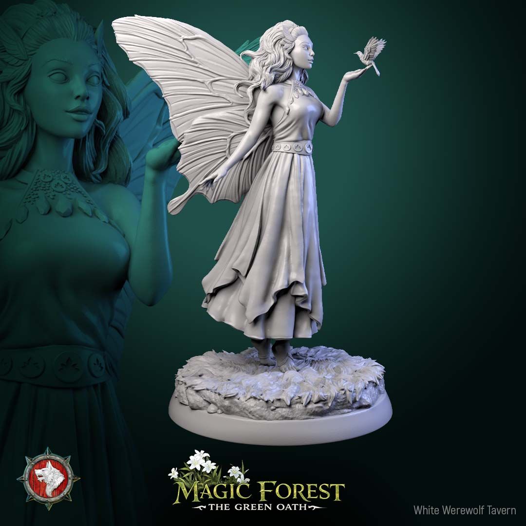 Render of Fairies | 32mm Fantasy Fey Miniatures | White Werewolf: Six butterfly-winged fairies in flowing dresses on meadow rounds, from White Werewolf's Magic Forest: The Green Oath. 32mm 3D printed resin, single or set.