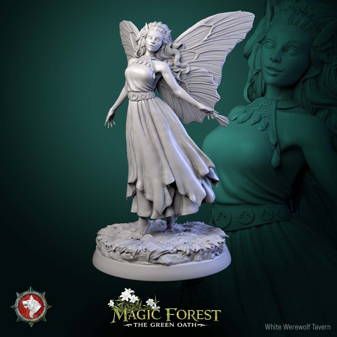 Render of Fairies | 32mm Fantasy Fey Miniatures | White Werewolf: Six butterfly-winged fairies in flowing dresses on meadow rounds, from White Werewolf's Magic Forest: The Green Oath. 32mm 3D printed resin, single or set.