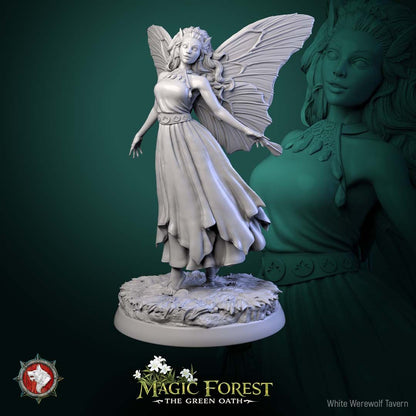 Render of Fairies | 32mm Fantasy Fey Miniatures | White Werewolf: Six butterfly-winged fairies in flowing dresses on meadow rounds, from White Werewolf's Magic Forest: The Green Oath. 32mm 3D printed resin, single or set.