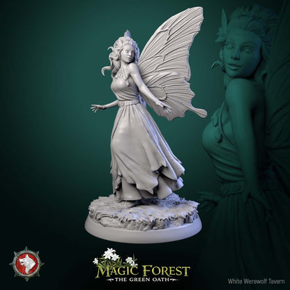 Render of Fairies | 32mm Fantasy Fey Miniatures | White Werewolf: Six butterfly-winged fairies in flowing dresses on meadow rounds, from White Werewolf's Magic Forest: The Green Oath. 32mm 3D printed resin, single or set.