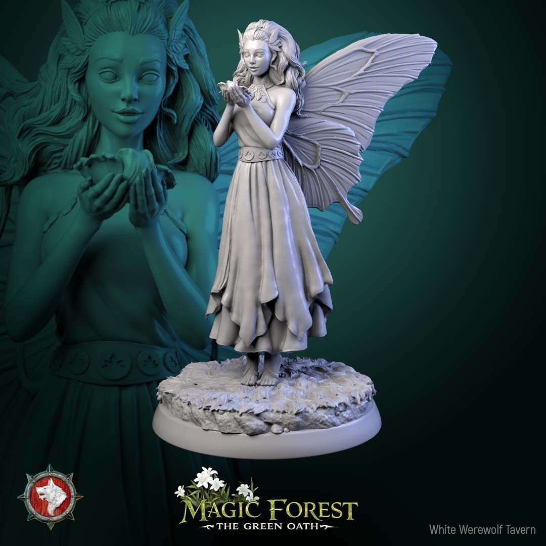 Render of Fairies | 32mm Fantasy Fey Miniatures | White Werewolf: Six butterfly-winged fairies in flowing dresses on meadow rounds, from White Werewolf's Magic Forest: The Green Oath. 32mm 3D printed resin, single or set.