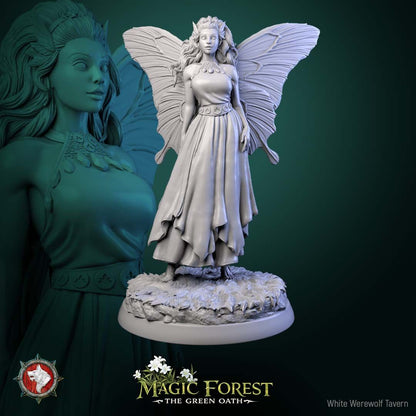 Render of Fairies | 32mm Fantasy Fey Miniatures | White Werewolf: Six butterfly-winged fairies in flowing dresses on meadow rounds, from White Werewolf's Magic Forest: The Green Oath. 32mm 3D printed resin, single or set.