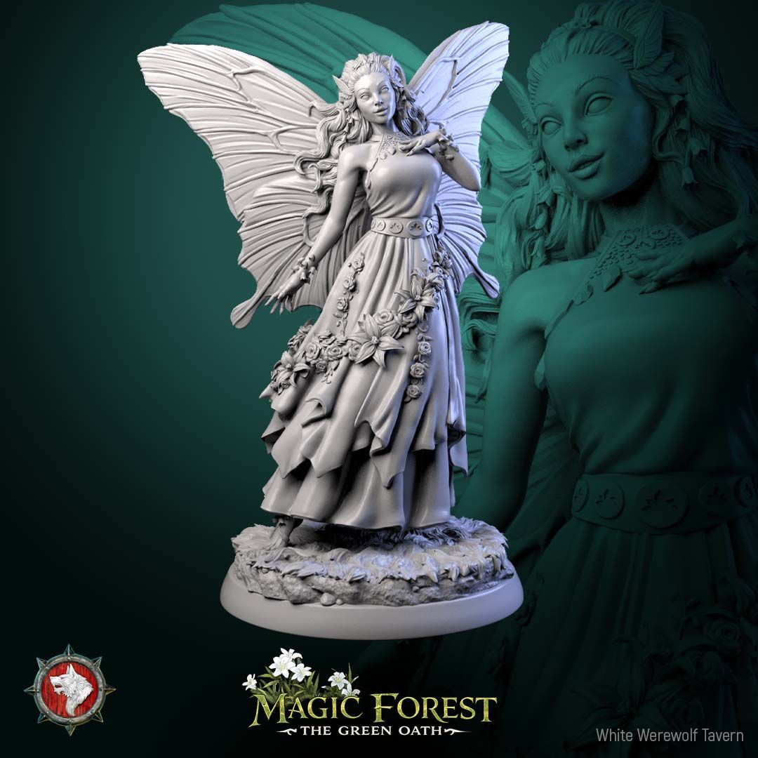 Render of Fairy Display Model | 75mm Fantasy Fey Miniature: Butterfly-winged fairy with flower garlands and layered dress on a meadow round, from White Werewolf's Magic Forest: The Green Oath. 75mm 3D printed resin.