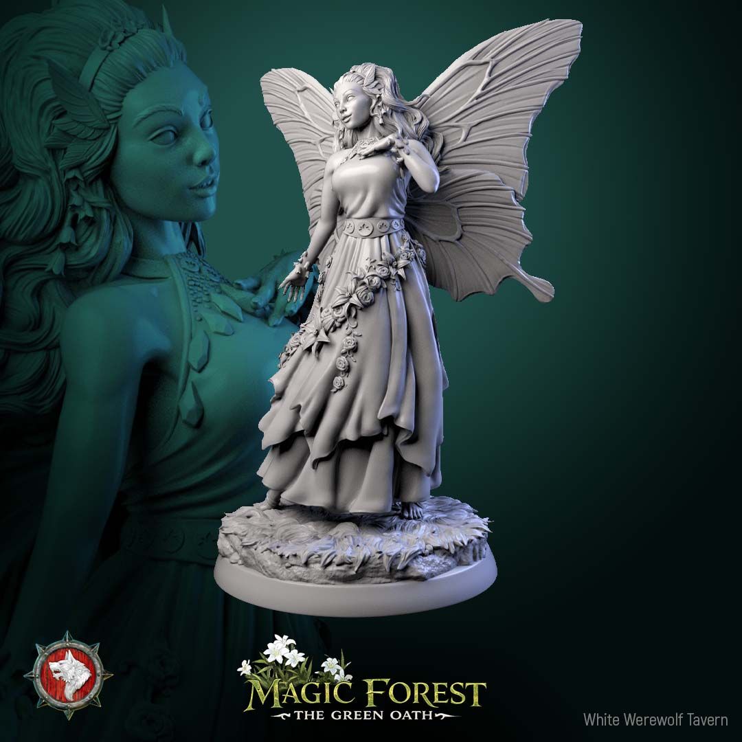 Render of Fairy Display Model | 75mm Fantasy Fey Miniature: Butterfly-winged fairy with flower garlands and layered dress on a meadow round, from White Werewolf's Magic Forest: The Green Oath. 75mm 3D printed resin.