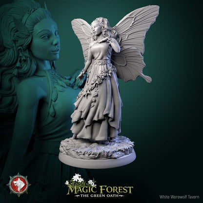 Render of Fairy Display Model | 75mm Fantasy Fey Miniature: Butterfly-winged fairy with flower garlands and layered dress on a meadow round, from White Werewolf's Magic Forest: The Green Oath. 75mm 3D printed resin.
