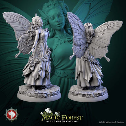 Render of Fairy Display Model | 75mm Fantasy Fey Miniature: Butterfly-winged fairy with flower garlands and layered dress on a meadow round, from White Werewolf's Magic Forest: The Green Oath. 75mm 3D printed resin.