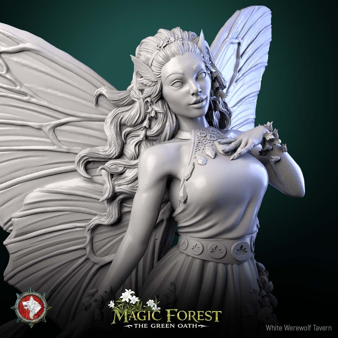 Render of Fairy Display Model | 75mm Fantasy Fey Miniature: Butterfly-winged fairy with flower garlands and layered dress on a meadow round, from White Werewolf's Magic Forest: The Green Oath. 75mm 3D printed resin.