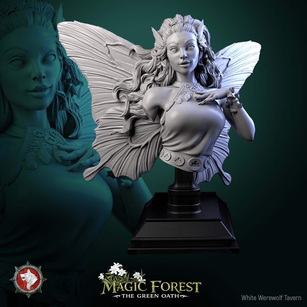Render of Fairy Bust | Fantasy Fey Collector Bust | White Werewolf: Butterfly-winged fairy bust with flower crown and lace-collared bodice, from White Werewolf's Magic Forest: The Green Oath. 3D printed resin collector bust.
